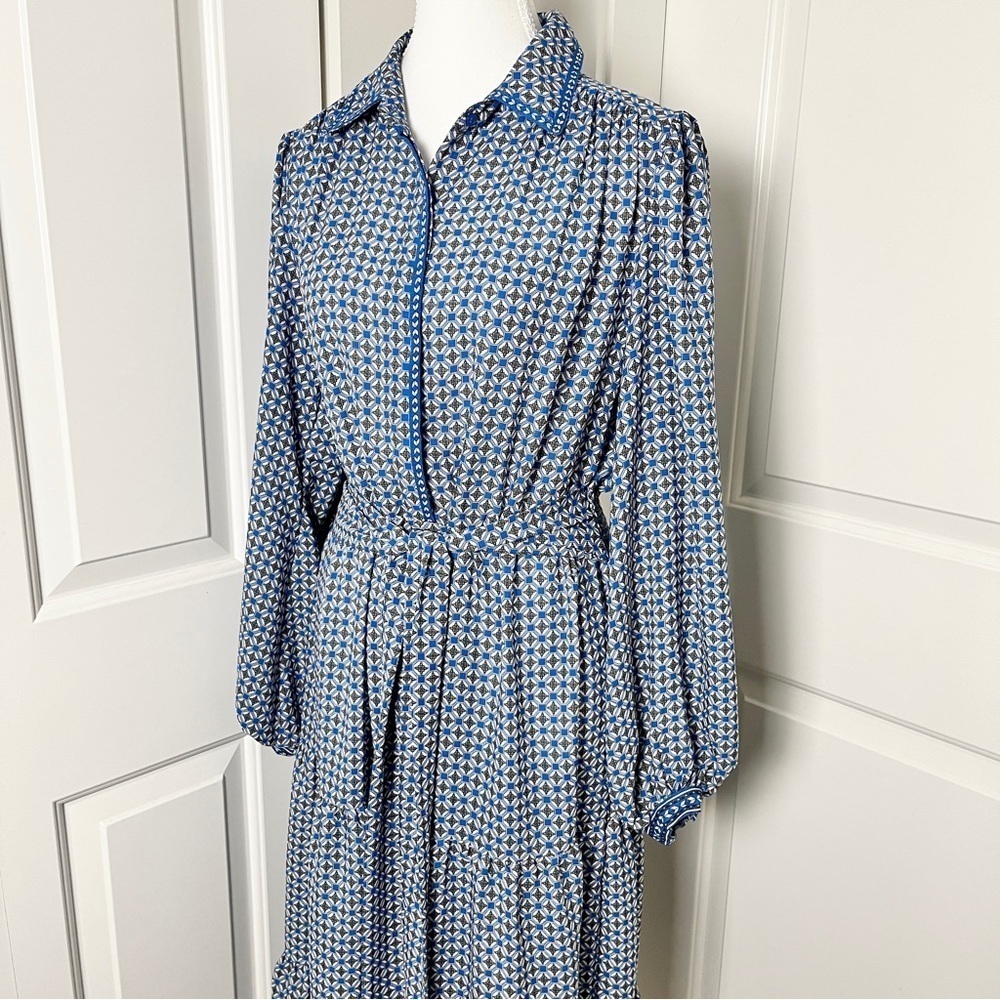 Max Studio Blue & White Mosaic Print Tiered Long Sleeve Midi Dress Tie Belt, M